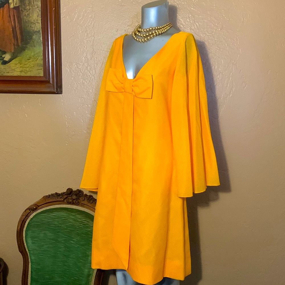 Vibrant Yellow Long-Sleeve Bow-Front A-Line Dress